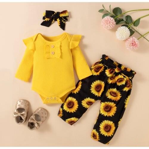 Pudcoco Baby Girls Clothes Three-piece Set, Round Collar Long Sleeve Romper, Floral Printed Pattern Pants and Headdress 0-24M
