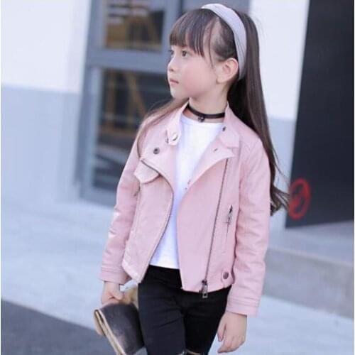 5 to 13 year old girl zip and rivet pu jacket with motorcycle leather zip collar collar