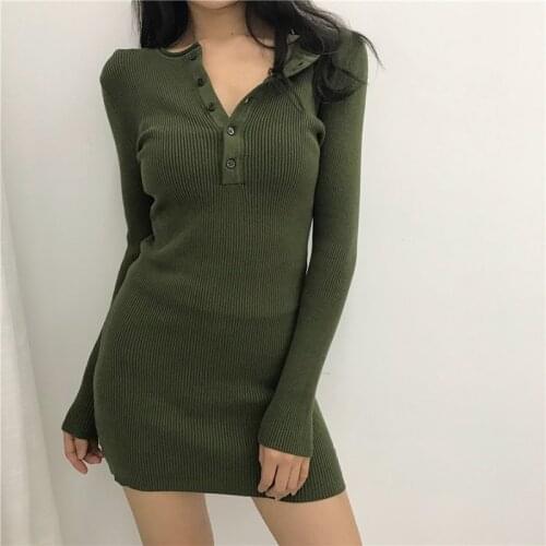 Shintimes 2020 Autumn Vintage Knitted Button Dress Women Vestidos Bodycon O-Neck Sexy Slim Korean Mini Dresses Party Black Dress