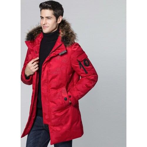 Winter Jacket Men Fashions Mens Duck Down Jacket Racoon Fur Collar Long Camouflage Red Coat Casaco Masculino KJ561