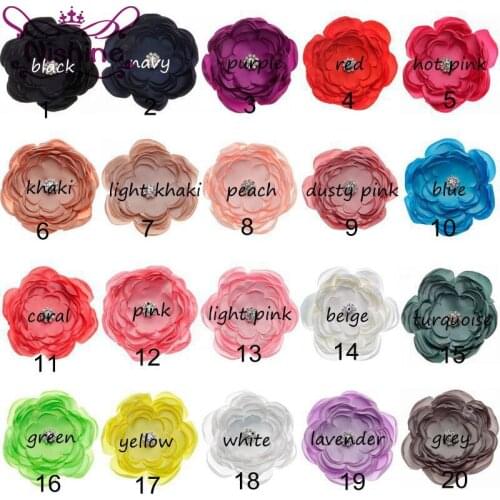 Nishine 20pcs/lot 4.4" Satin Multi-layer Diy Flower Roasted Flowers With Rhinestone Button Center For Kids Girl Hair Accessory
