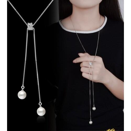 2018 New Fashion Women 925 sterling silver Tassel Pendant Rhinestone Long Chain Sweater Necklace Pearl Necklace