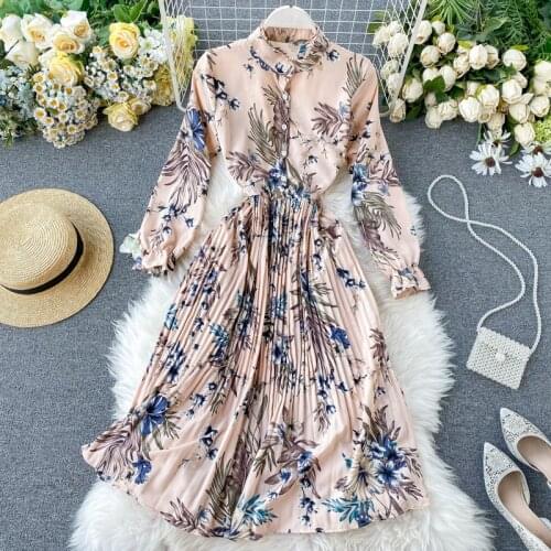 New Arrival 2021 Vacation Dress Women Fashion Long Sleeve Flower Print Pleated Dress Elegant Woman Midi Holiday Dress