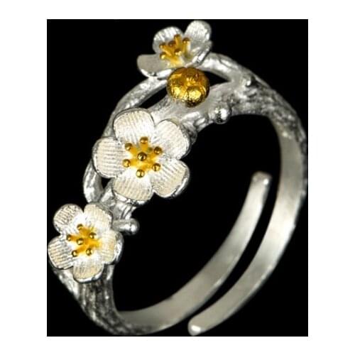 Original Plum Blossom Fresh Wild 925 Sterling Silver Temperament Personality Fashion Female Resizable Opening Rings SRI062