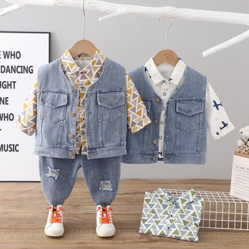 2021 new boys spring and autumn geometric long-sleeved shirt embroidered mouse denim vest three-piece male baby clothes