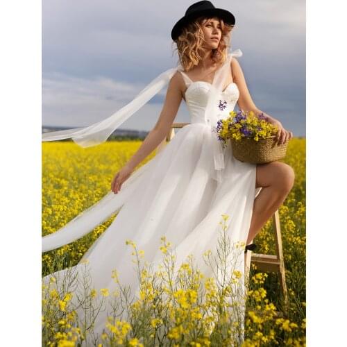 Garden Beach Sweetheart Wedding Gowns Polka Dot Glitter Soft Tulle Pearls Zipper Maxi Long High Slit Bridal Dress Custom Made