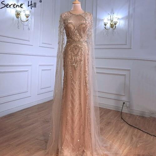 Serene Hill Gold Elegant Mermaid Evening Dresses 2021 Luxury With Cape Sleeves Beading Party Gowns For Women DLA70970