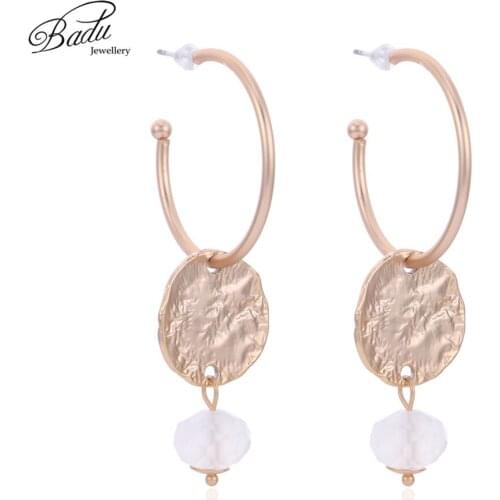 Badu Korean Style Hoop Earring Golden Round Hoop Geometric Opal Crystal Pendant Triangular Shape Exaggerated Jewelry Wholesale