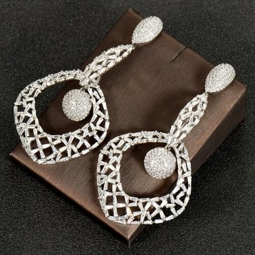 HIBRIDE Luxury Baguette Dangle Earrings Trendy Cubic Zircon Wedding Engagement Party Dubai White Earrings for Women 2021 E-985