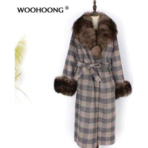 Womens Natural Fox Fur Coat Real Fur Coat Wool Double-sided Woolen Coat Cuffs And Fox Fur Long Ladies Windbreaker Belt