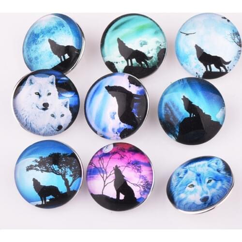 Super Deal Sale 18mm Snaps Button Charm 10pcs/lot Arctic Wolf Glass Snaps Button Fit Macrame Bracelet Mens Jewelry