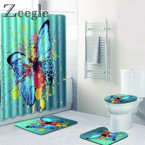 Zeegle Bathroom Shower Curtain and Bath Mat Sets 4PCS 3D Printed Toilet Mat Microfiber Bath Rug Non Slip Shower CarpetS