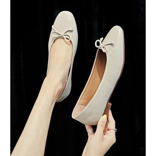 New Korean version leather grandma shoes low heel shallow mouth butterfly knot women shoes