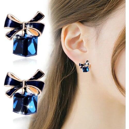 Korean Bowknot Cube Earrings for Women Sweet Blue Zircon Square Crystal Stud Earrings Fashion Trend Jewelry New 2021