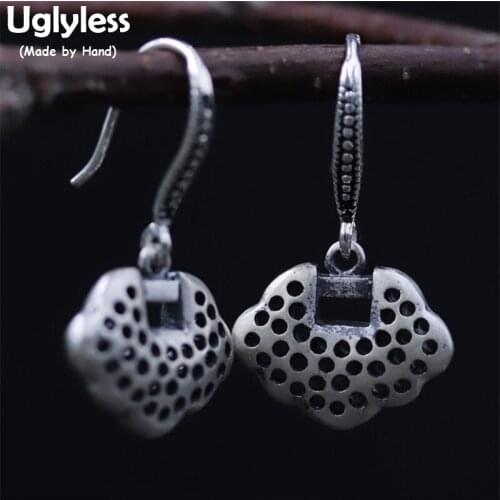 Uglyless Real S925 Sterling Silver Abstract Heart-shape Drop Earrings for Women Hollow Handmade Holes Fine Jewelry Ethnic Bijoux