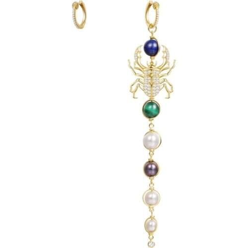 925 Sterling Silver Asymmetric Zircon Scarab Earrings with Pearl Multi Stones INTEMPOREL Earrings Women Fine Jewelry