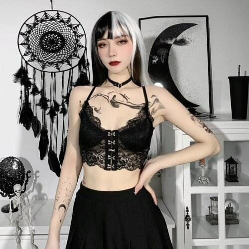 Lady Deep V Neck Backless Sexy Camisole Cool Outdoor Streetwear Black Gothic Women Lace Spliced Transparent Camis 2021 Summer