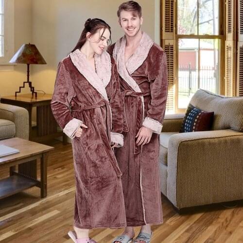 Women Winter Extra Long Thick Flannel Bath Robe Warm Peignoir Femme Sexy Fur Dressing Gown Men Bathrobe Bridesmaid Wedding Robes