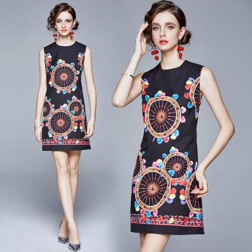 Dropshipping Summer Runway Vintage Baroque Print Sleeveless O Neck Women Ladies Party Casual Evening Short Mini Vest Shift Dress
