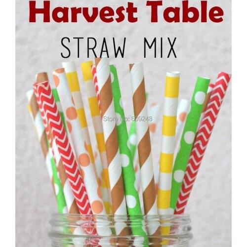 125pcs Mixed Colors Harvest Table Thanksgiving Paper Straws,Brown Lime Green Red Yellow Orange-Chevron Dot Stripe Biodegradable