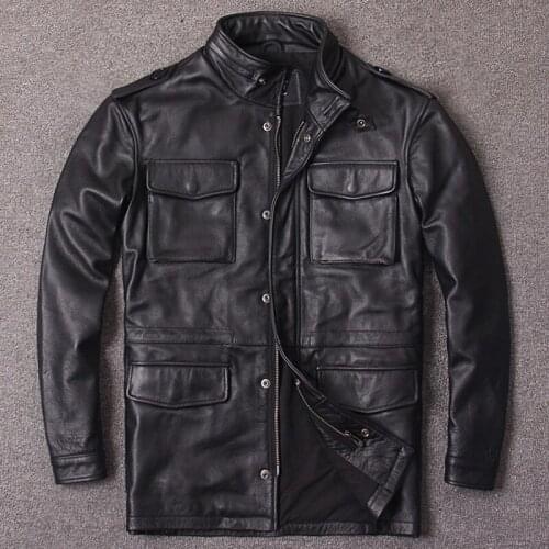 2020 Long M65 Men Black Plus Size XXXXXXL Genuine Thick Cowhide Military Winter Leather Jacket FREE SHIPPING