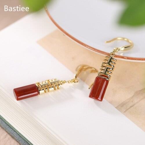 Bastiee Silver 925 Jewelry 925 Sterling Silver Earrings Dangle Earrings Vintage Inlaid Red Agate Korean Earrings Silver