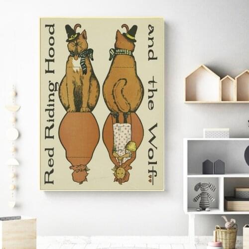 Kids Room Decor Vintage Red Riding Hood & Wolf Paper Doll Art Canvas Print Quirky Altered Wall Art Childrens Drawing Painting