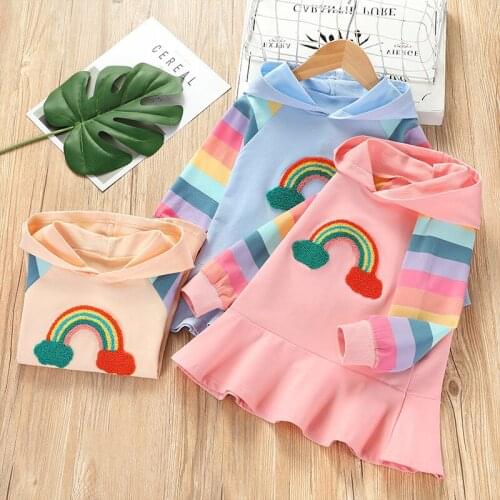 Girls Long Hoodie Dress for Children Rainbow Sweater Dresses for Kids