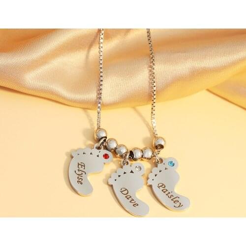 Personalized 1-4 Baby Feet Engraving Kids Names Necklace with Birthstone for Ladies or New Mom Mothers Day Gift Custom Footprint