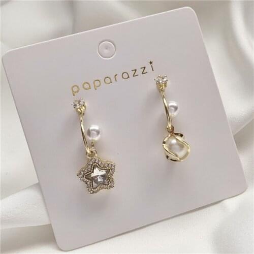 Delicate asymmetric zircon star ring earrings girly temperament imitation pearl earrings creative gift Korean earrings for women