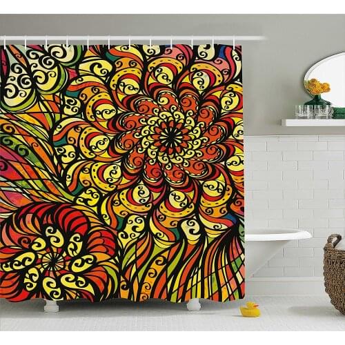 Colorful Shower Curtain Abstract Vintage Style Curly Floral Spirals Swirled Petals Creative Vibrant Waterproof Bath Curtains