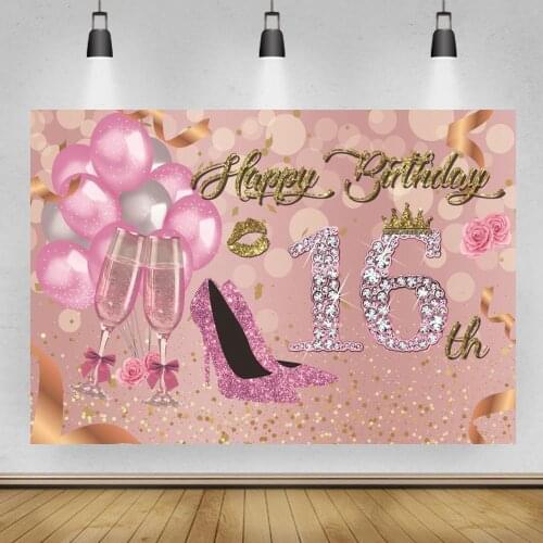 Sweet 16 Birthday Backdrops for Party Pink Girls Sixteen Adult Ceremony Photography Background Glitter Diamond Banner Photocall