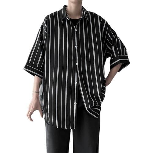 Shirts Men Fashion Striped Short Sleeves Turn-down Collar Drop-Shoulder Men Loose Top Shirt Mens Clothing 2021