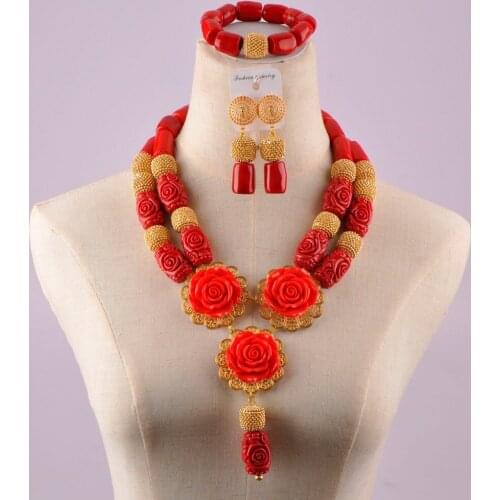 Novel nigerian wedding coral beads african necklace flower jewelry set C21-19-01