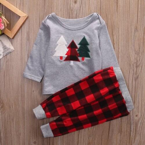 Autumn Spring Kids Baby Boy Girls Unisex Long Sleeve Christmas Trees Tops Clothes Set T-shirt Long Plaid Pants 2PCS Outfits Sets
