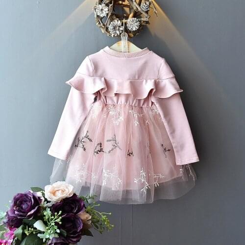 3-8 Year New 2021Spring Princess Dress Childrens Temperament Cute Stitching Long-sleeved Pink Lace Mesh Kids Girls Dress