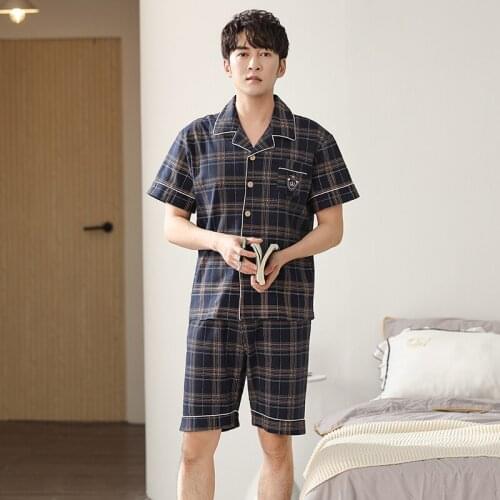 100% Cotton Pyjamas Men Pajama Sets Short Sleeve Sleepwear Pijamas Hombre Pyjama Male Knit Plaid Pajamas