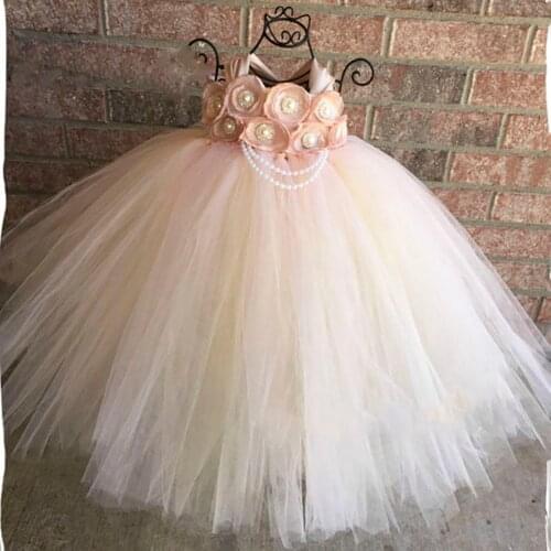 Girls Peach Flower Tutu Dress Kids Tulle Strap Dress Ball Gown with Ribbon Bow Children Birthday Wedding Party Costume Dresses