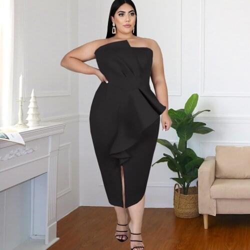 Plus Size Dresses Black Sexy Off Shoulder Sleeveless Tube Top Ruffle Slit Big Size Classy Ladies Party Evening Club Women Dress