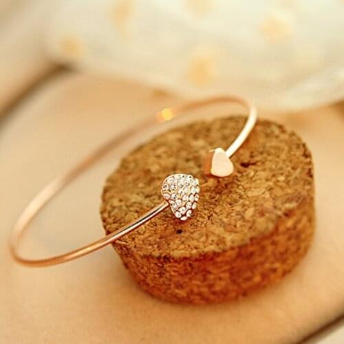 Double Heart On Head Shiny Crystal Opening Adjustable Metallic Bracelets & Bangles for Women