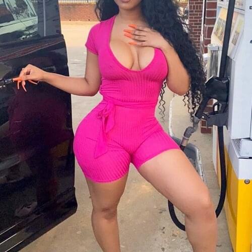 Sexy V Neck Skinny Playsuit Women Short Sleeve Bandage Bodycon Solid Romper Fitness Workout Sport Jumpsuit Streetwear Sportswear