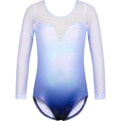 BAOHULU Girls Sequin Blue Ballet Leotard Chiffon Long Sleeve Gymnastics Leotard Soft Touch Dance Bodysuit Ballerina Costume