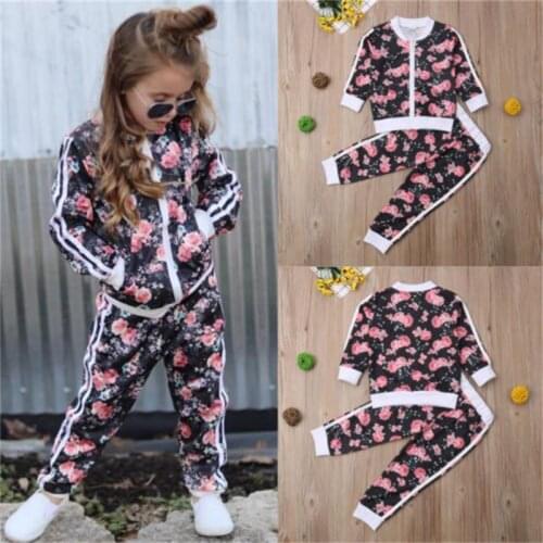 2Pcs Kids Toddler Girls Tracksuit Floral Sweatshirt Zipper Pockets Jacket Tops + Elastic Pants Autumn Children Set Outfits 2-7Y