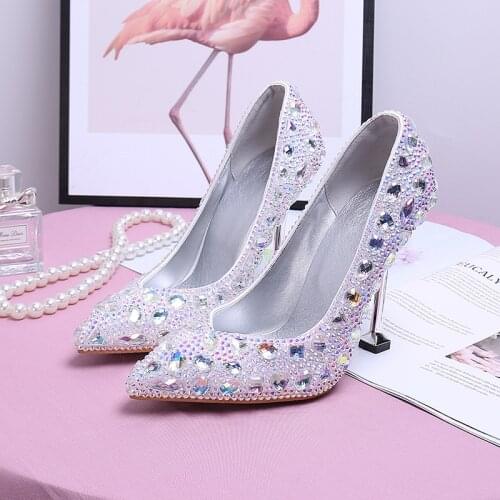 Womens Shiny Crystal Pumps Super High Heels Wedding Shoes For Bride Rhinestone Party Dress Shoes Bridesmaid Thin Heels Big Size