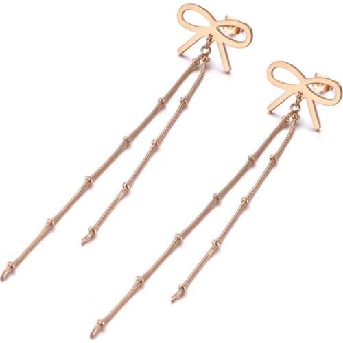 Original Design Titanium Steel Long Tassel Dangle Earrings Bohemia Bowknot & Chain Drop Earrings For Women Girls E19156