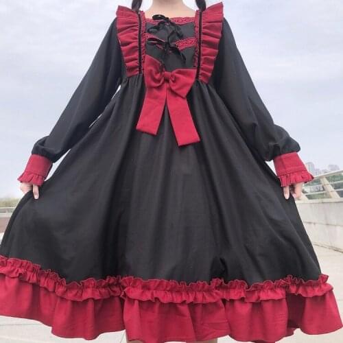 2021 Japanese Harajuku Gothic Bandage Bow Splice Dress Sweet Lolita Girl Cosplay Dress Kawaii Ruffles Bow Women Party Dress