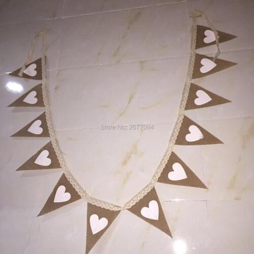 12pcs/Set Triangle Jute Hessian Burlap Wedding Banner Heart Printed Lace Rope Birthday Party Home Decoration Event Supplies