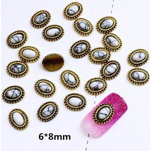 20pcs/pack Japan Alloy Nail Art Retro Gold Silver Oval with Turquoise Stone Metal Accessories for Phototherapy Nail Sticker DIY