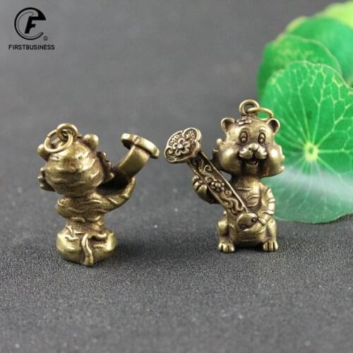 Antique Copper Sculpture Cartoon Kawaii RuYi Token Tiger Statue Desktop Ornament Home Decor Natural Aging Brass Animal Keychains