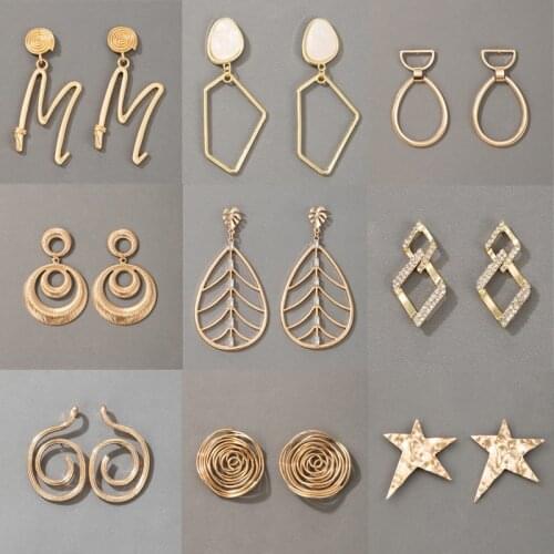 Tocona Elegance Star Leaf Drop Dangle Earrings for Women Letter Hollow Geometric Alloy Metal Rhinestone Party Jewelry Pendientes